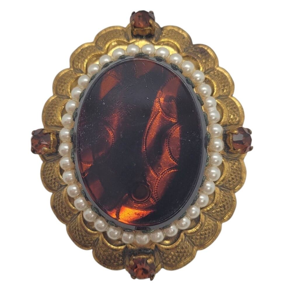 West Germany Signed Vintage Root Beer Glass Oval Brooch Pearl Rhinestone Pin